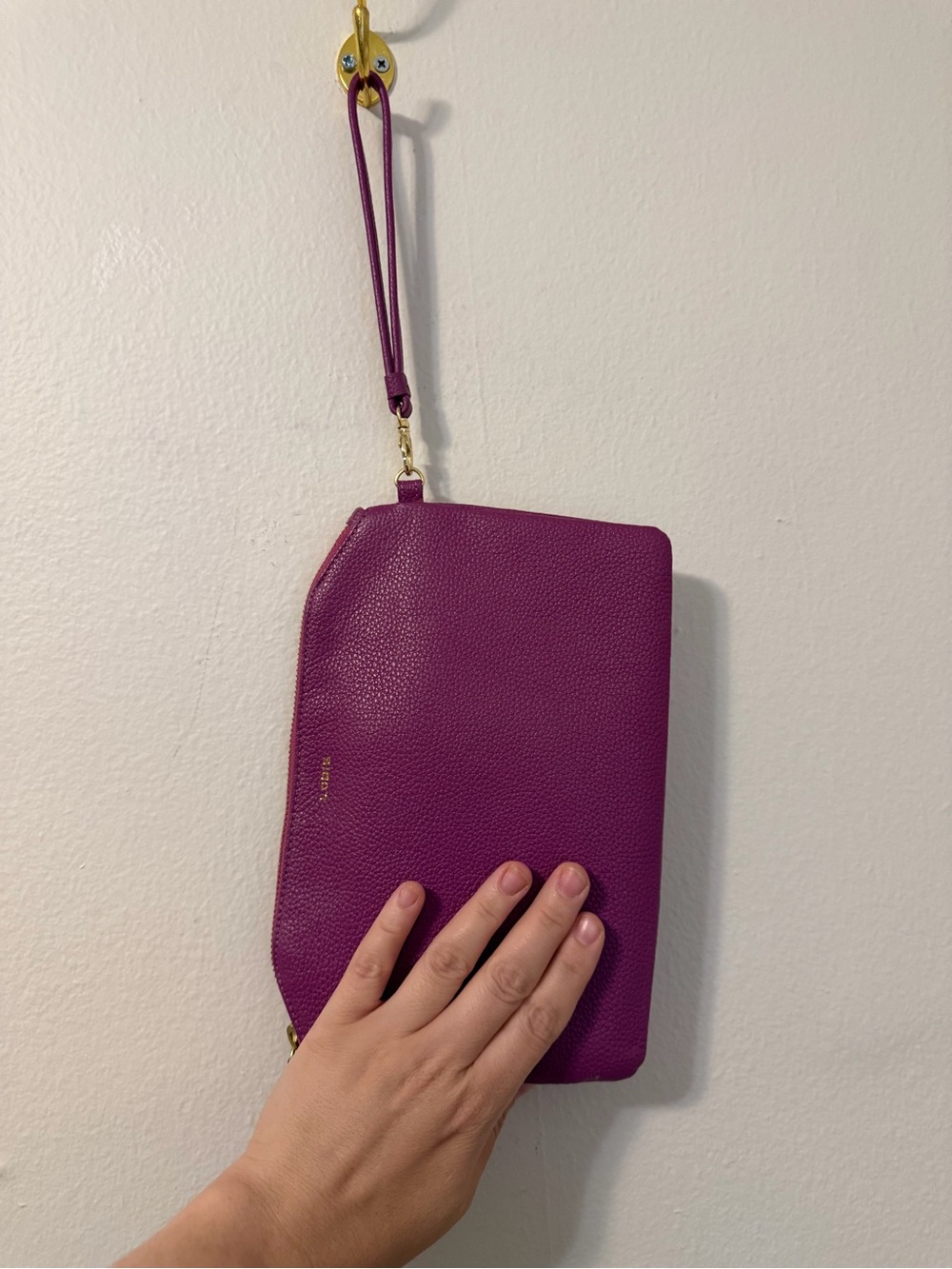 Two piece Purple Wristlet Clutch and wallet, fuchsia pink Pebbled Leather